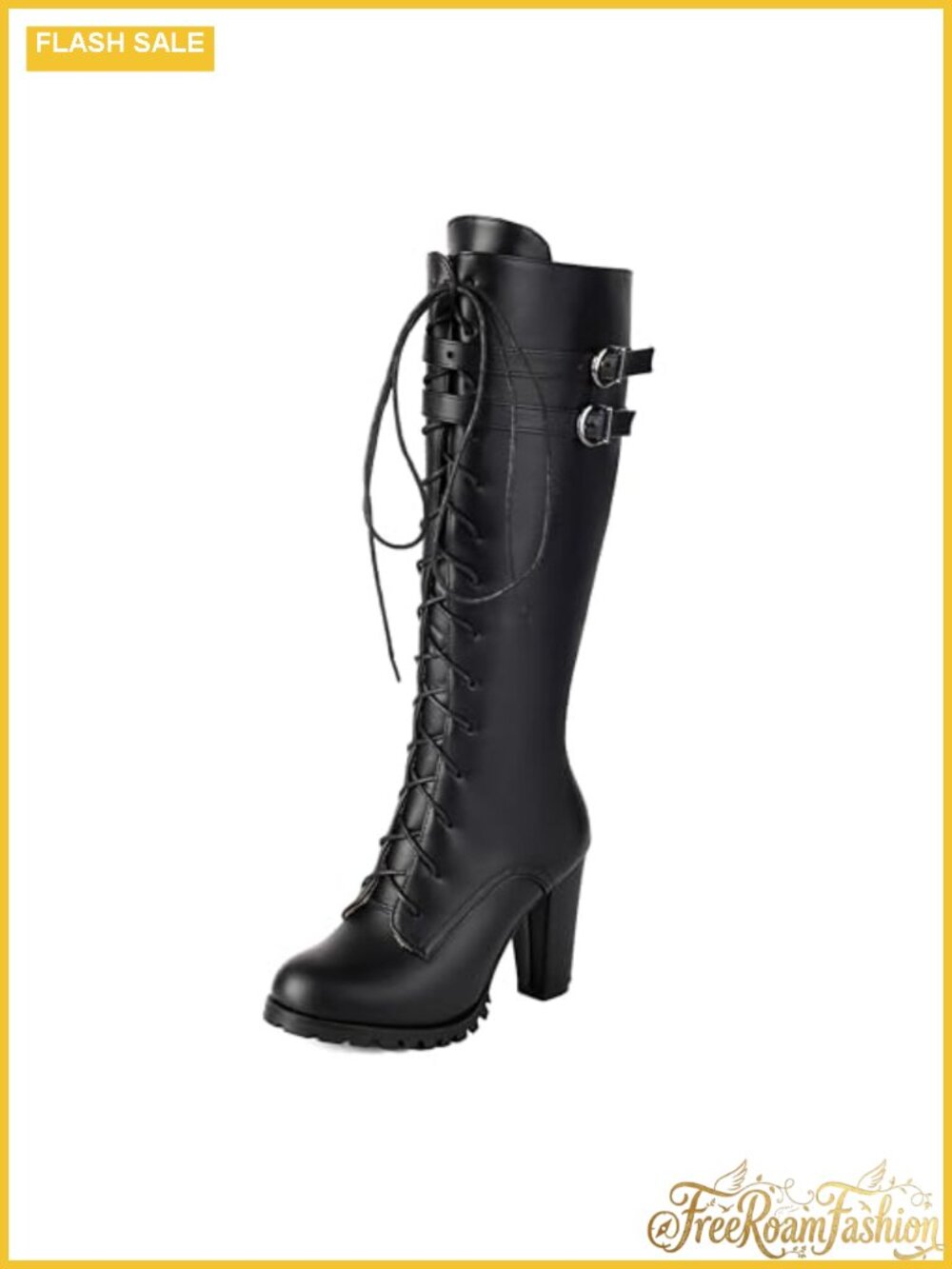 Knee High Combat Boots Lace Up Block Heel Faux Leather Lug Sole